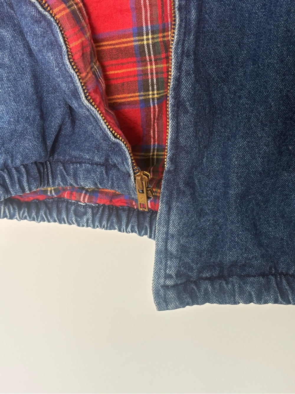 Vintage L.L. Bean Jean Denim Bomber Jacket Cotton Red Flannel Lining Size Small - Picture 11 of 16